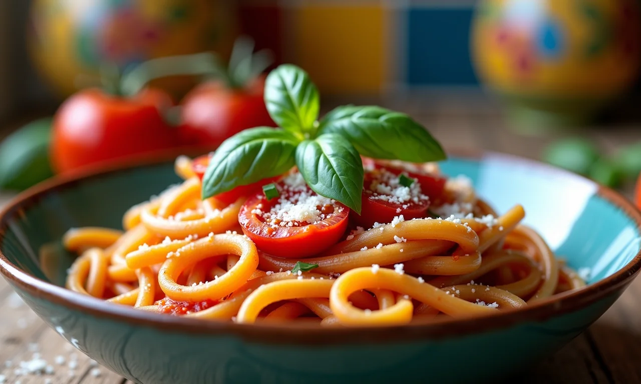 Macarrão com molho de tomate fresco, manjericão e queijo parmesão ralado.