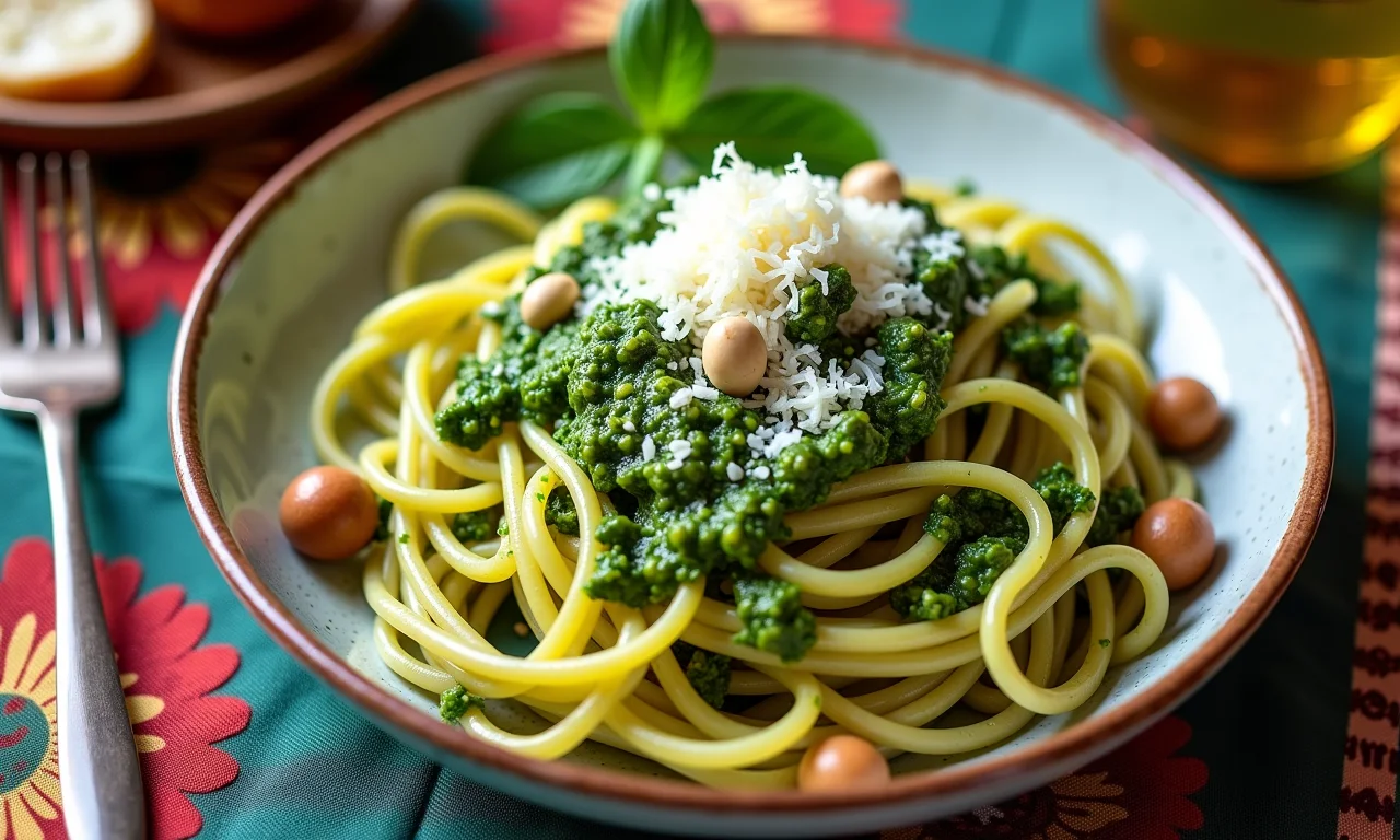 Macarrão com molho pesto, pinoles e queijo parmesão.