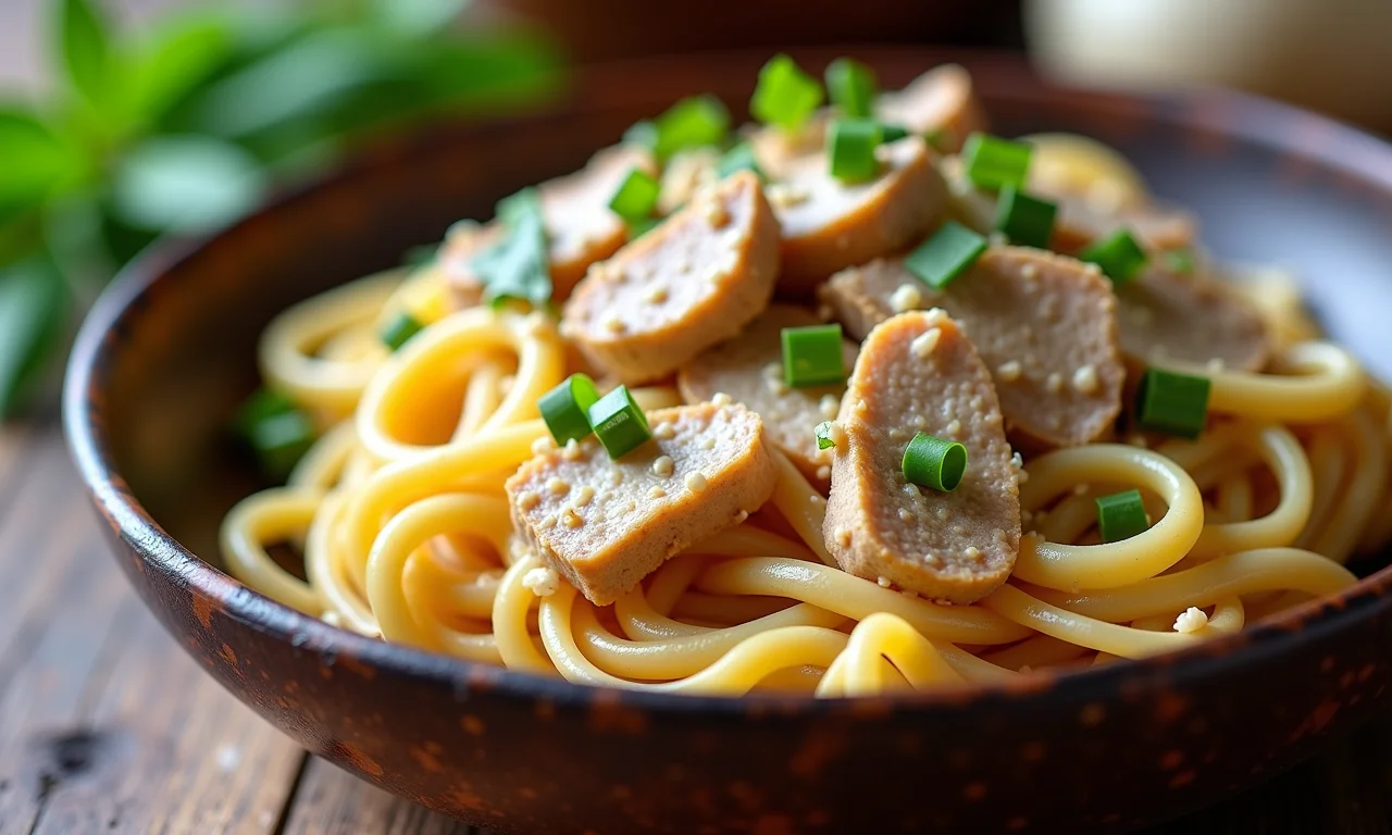 Macarrão com peru e creme de leite em uma tigela rústica.