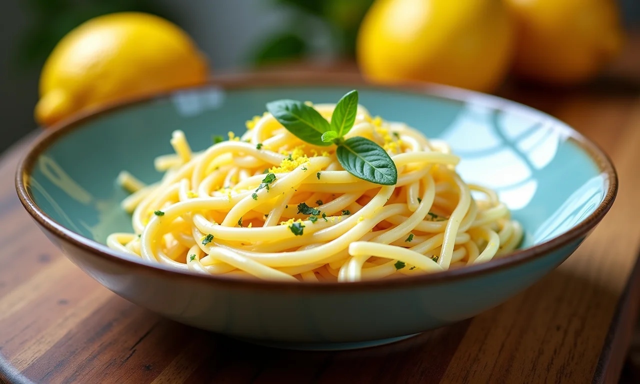Macarrão cremoso com limão, raspas de limão e ervas frescas.
