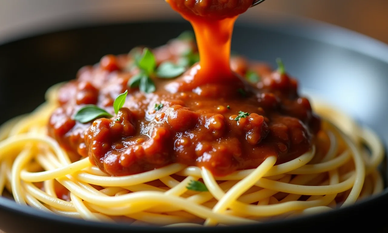 Macarronada de carne cremosa com molho especial.