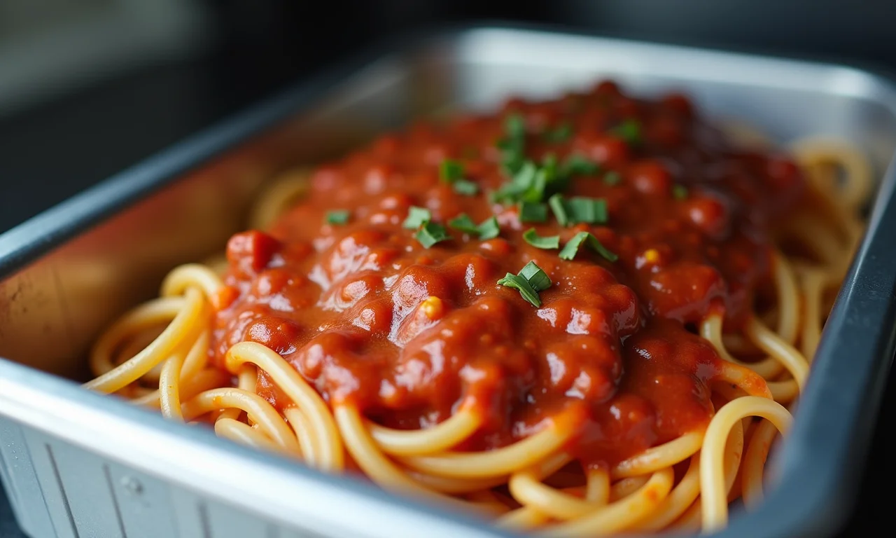 Macarronada de carne pronta sendo congelada.