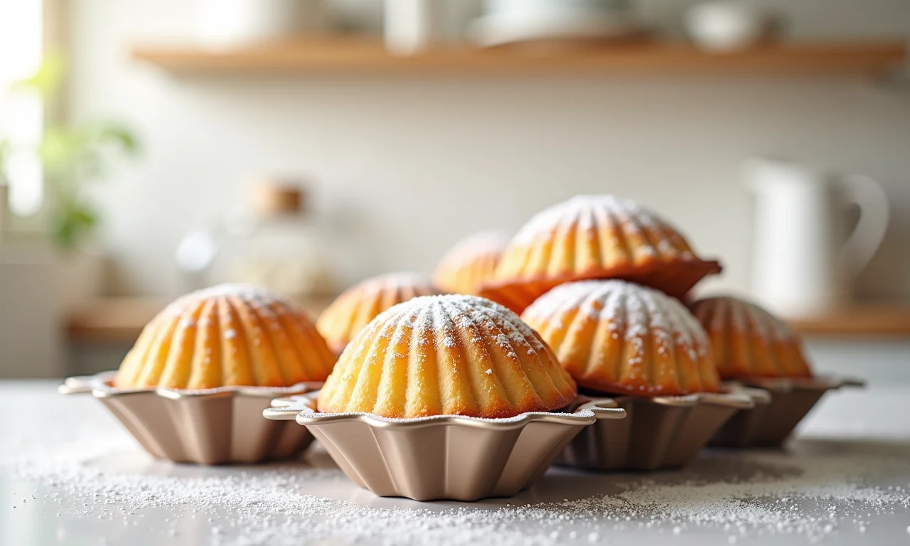 Madeleines fresquinhas em forma de concha polvilhadas com açúcar, prontas para servir.