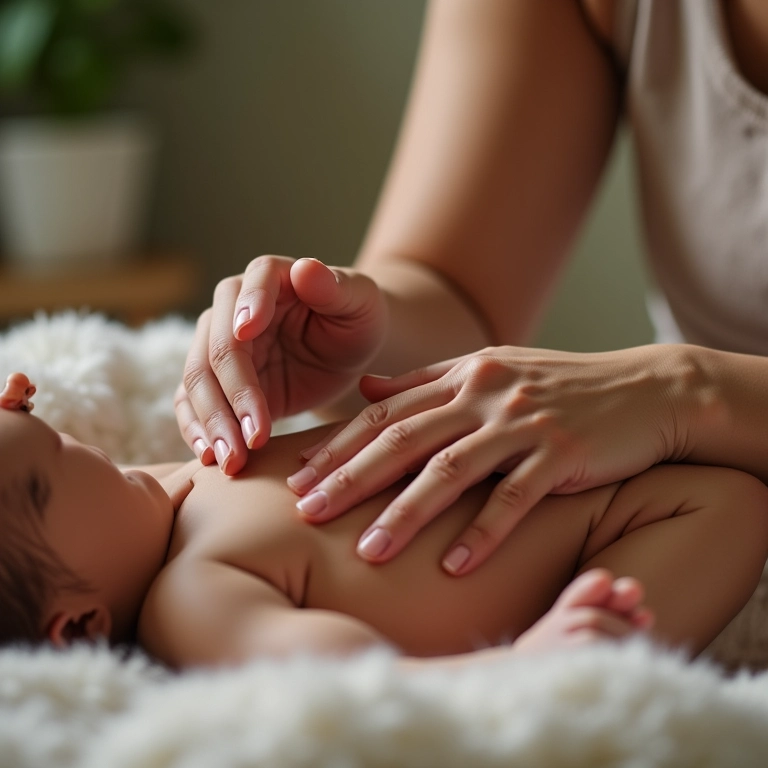 Mãe aplicando Óleo de Amêndoas Doces Needs durante a massagem do bebê.