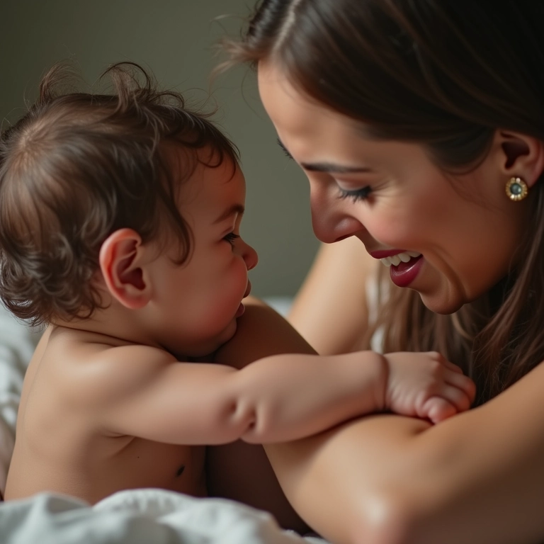 Mãe e bebê fortalecendo o vínculo afetivo durante a massagem.