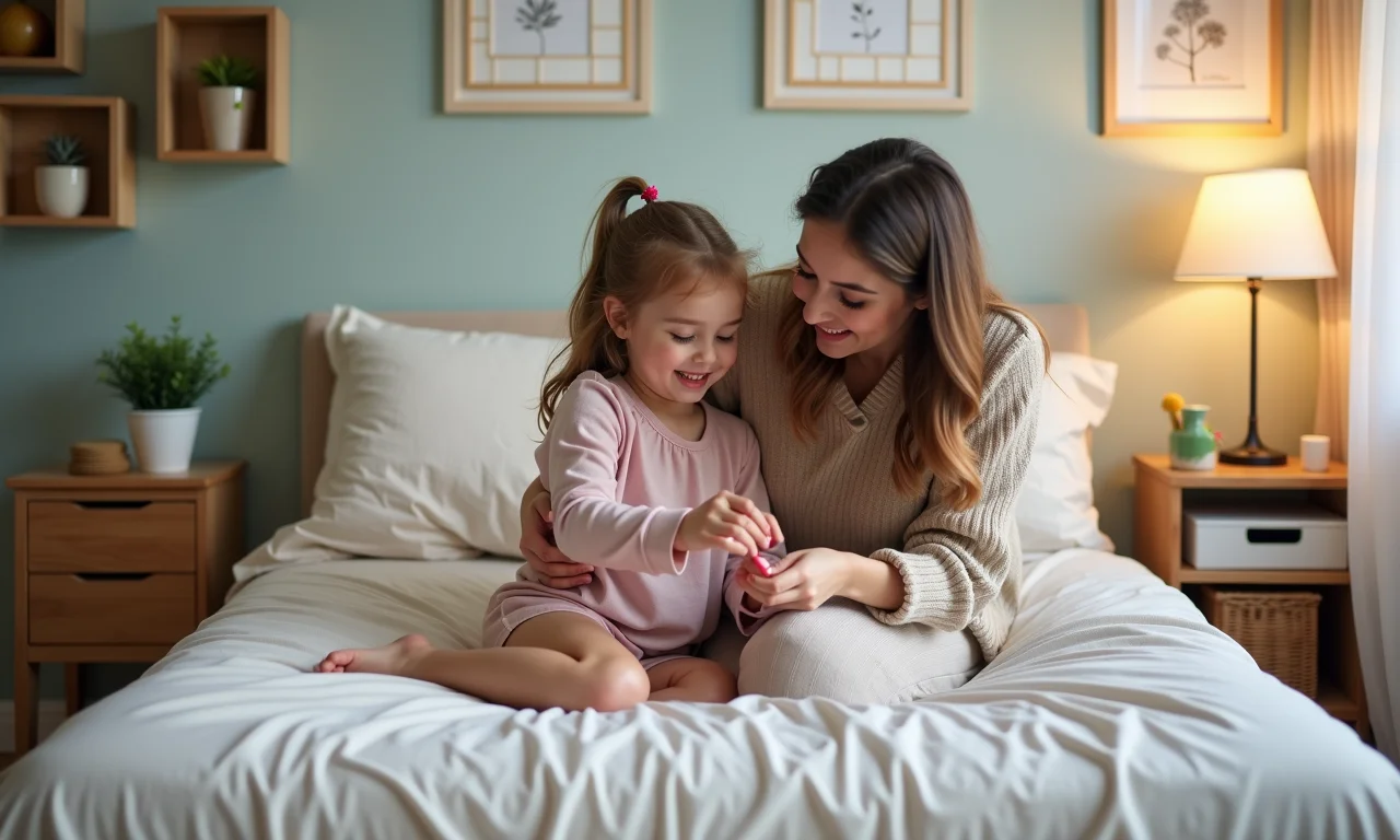 Mãe e filha decorando o quarto juntas com projetos DIY.