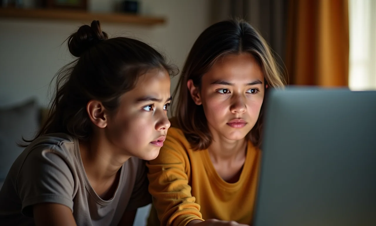 Mãe e filho adolescente olhando para tela de computador preocupados.