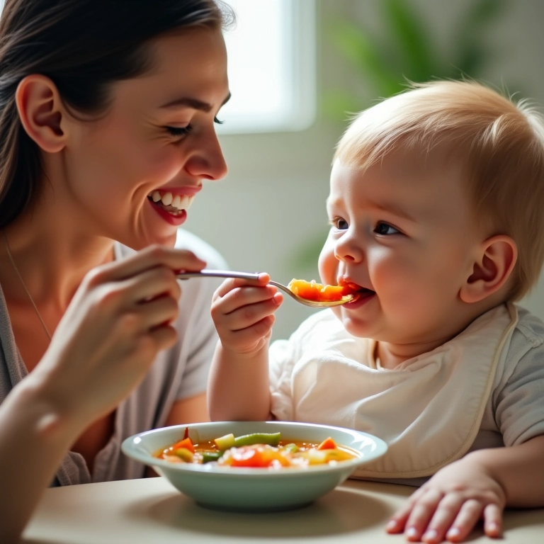Mãe oferecendo canja para o bebê.