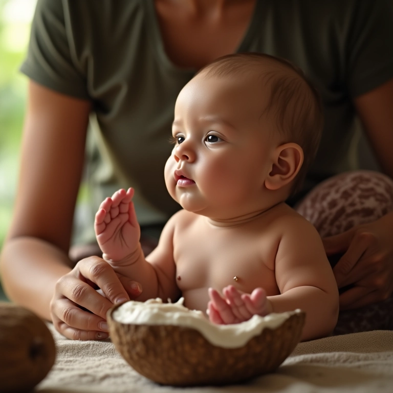 Mãe usando Óleo de Coco Extravirgem Copra na massagem do bebê.