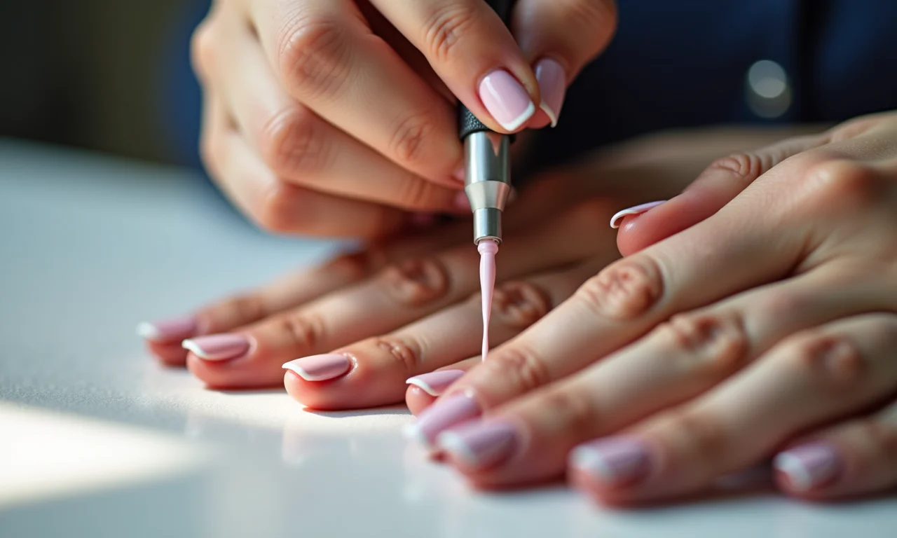 Manicure aplicando esmalte em gel com precisão e cuidado.