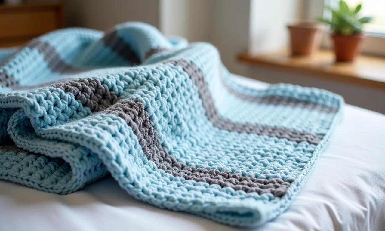 Manta de crochê para bebê menino em tons de azul.