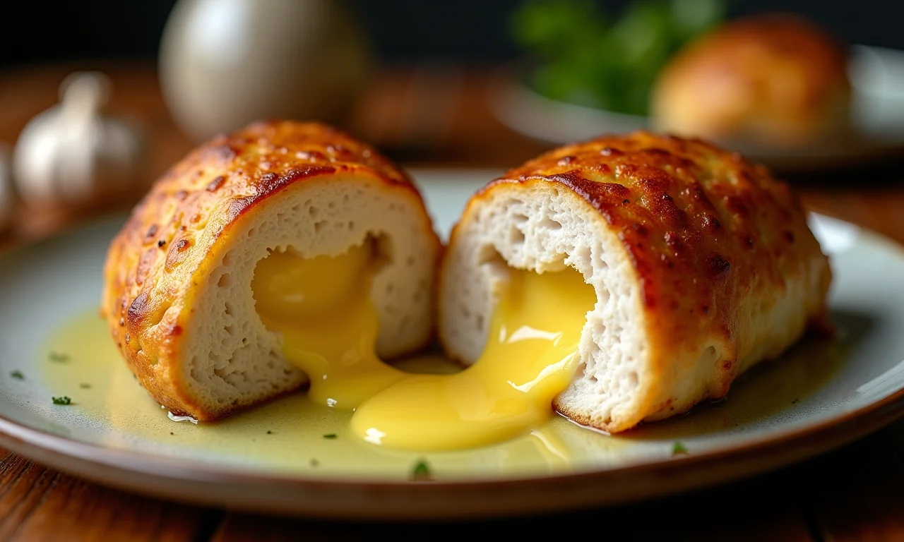 Manteiga de alho derretida escorrendo do frango à kiev, um espetáculo de sabor.