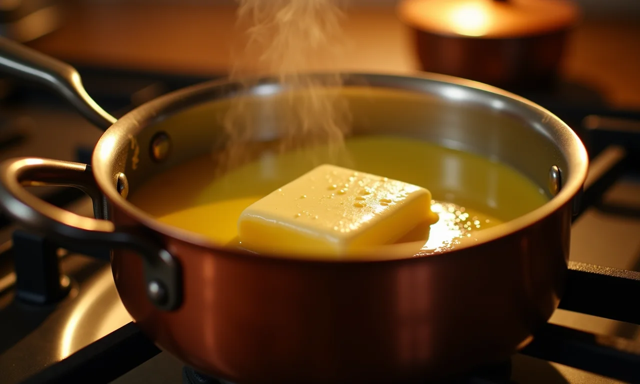 Manteiga derretida em uma panela para o bolo visitandine.