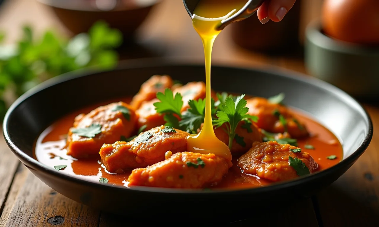 Manteiga ghee sendo regada sobre o frango tikka masala.