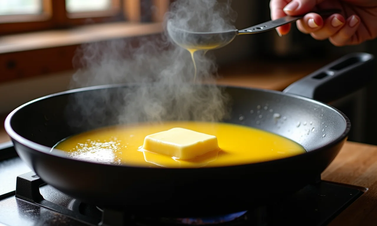 Manteiga noisette derretendo em uma panela, exalando aroma de avelã.