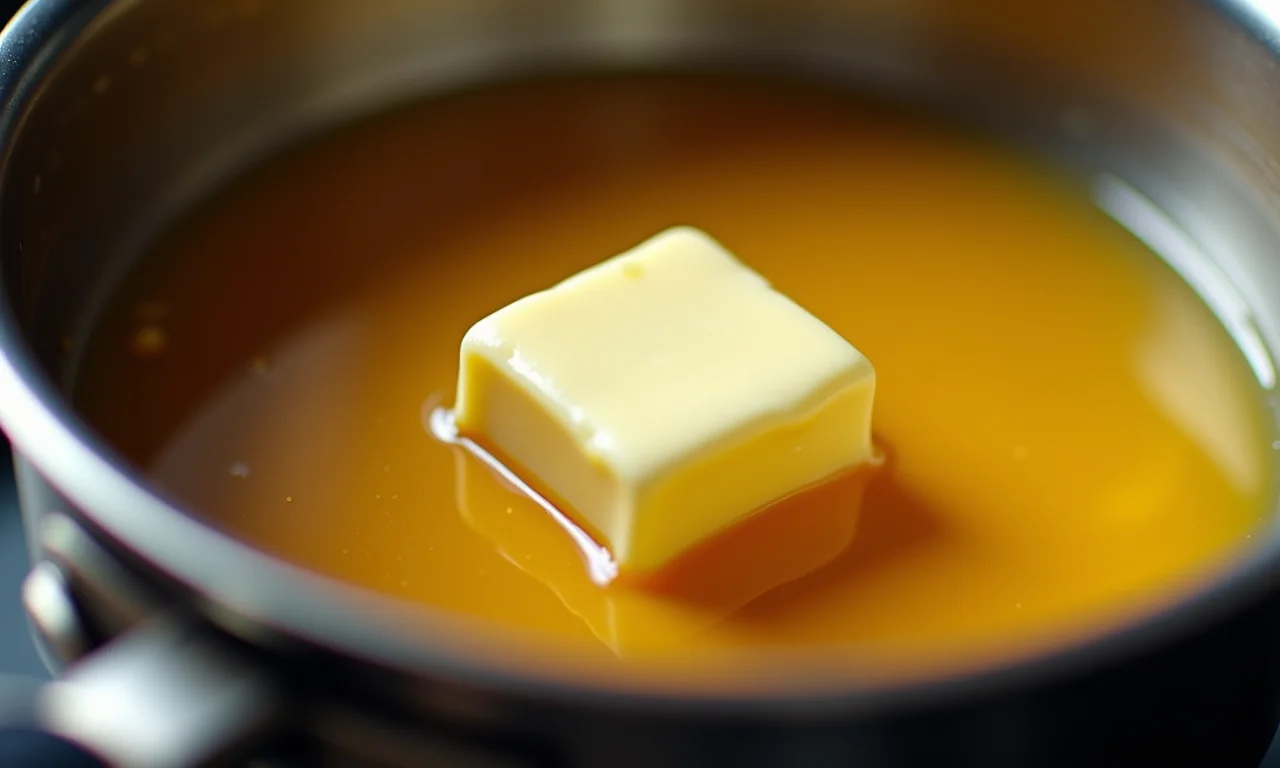 Manteiga noisette derretendo na panela, exalando um aroma de nozes.