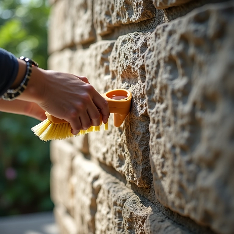 Manutenção e limpeza de parede de pedra com escova macia e água com sabão neutro.