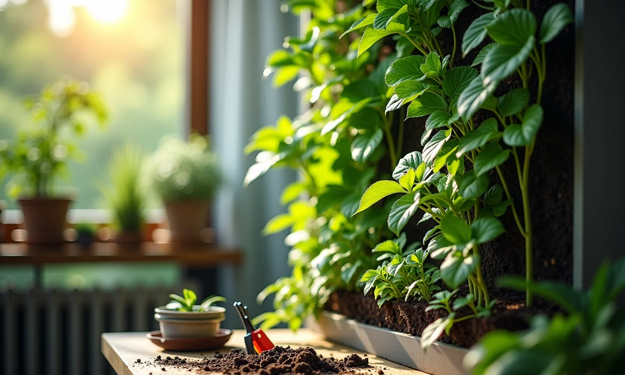 Manutenção semanal do jardim vertical: poda e verificação da umidade do solo.