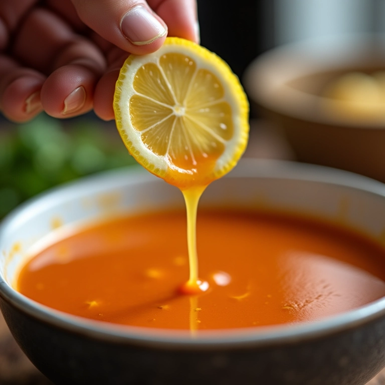 Mão adicionando suco de limão ao molho.