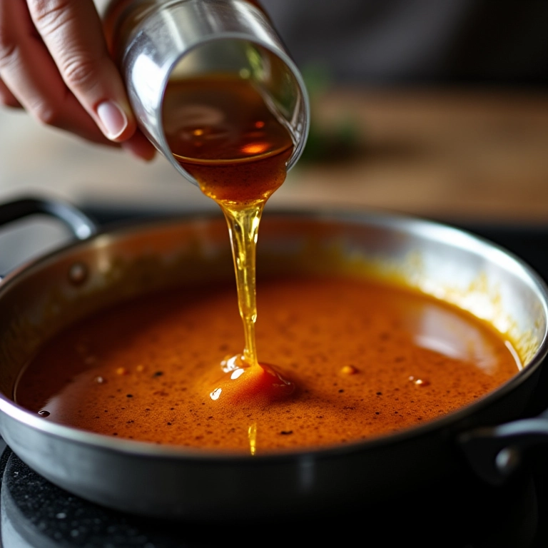 Mão adicionando um toque especial de conhaque ao molho madeira.
