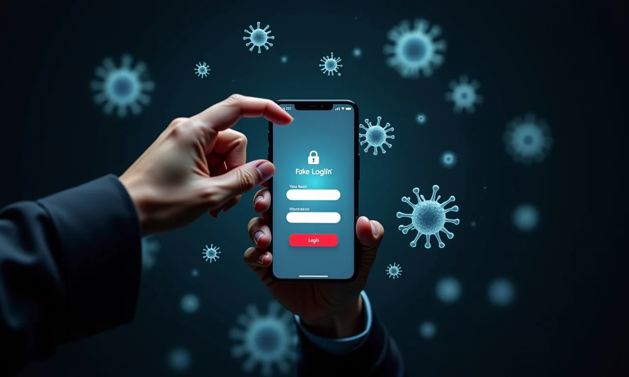 Mão alcançando smartphone com página de login falsa e vírus digitais.