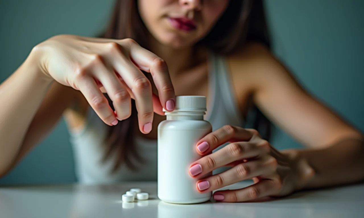 Mão alcançando um frasco de laxantes, representando os riscos do uso diário.