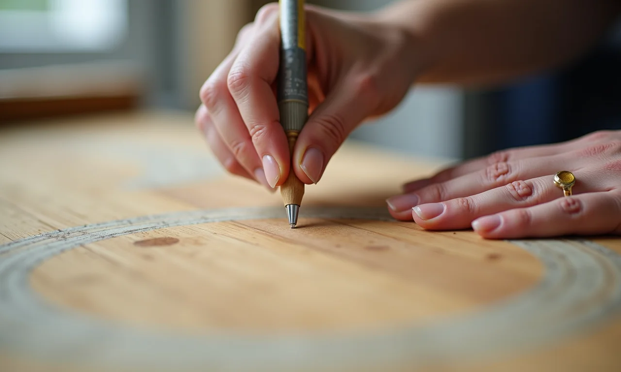 Mão aplicando cola para decoupage em superfície de madeira.