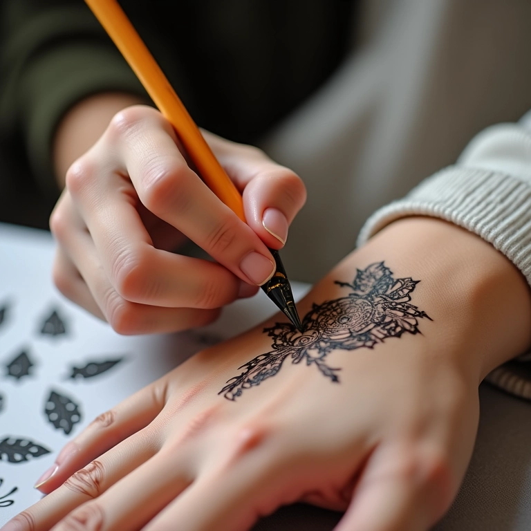 Mão aplicando henna na pele com guia de desenhos.