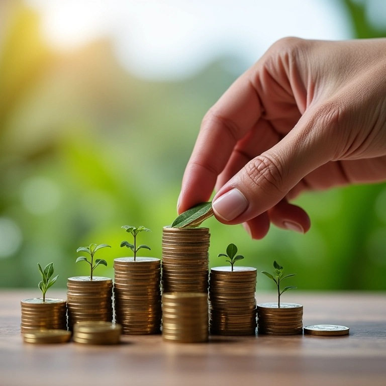 Mão colocando moedas em diferentes pilhas representando investimentos diversos.