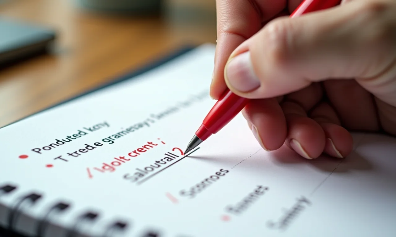 Mão corrigindo erros de gramática em uma redação sobre a água.