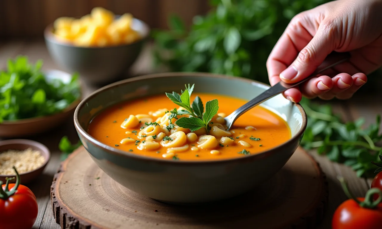 Mão de especialista adicionando ervas à sopa de macarrão com feijão.