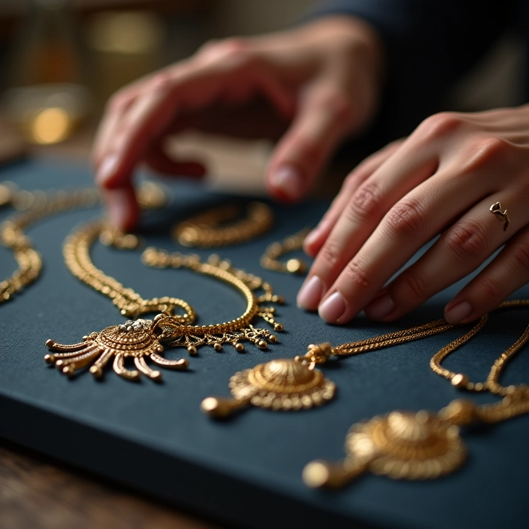 Mão de especialista arrumando colares em expositor.