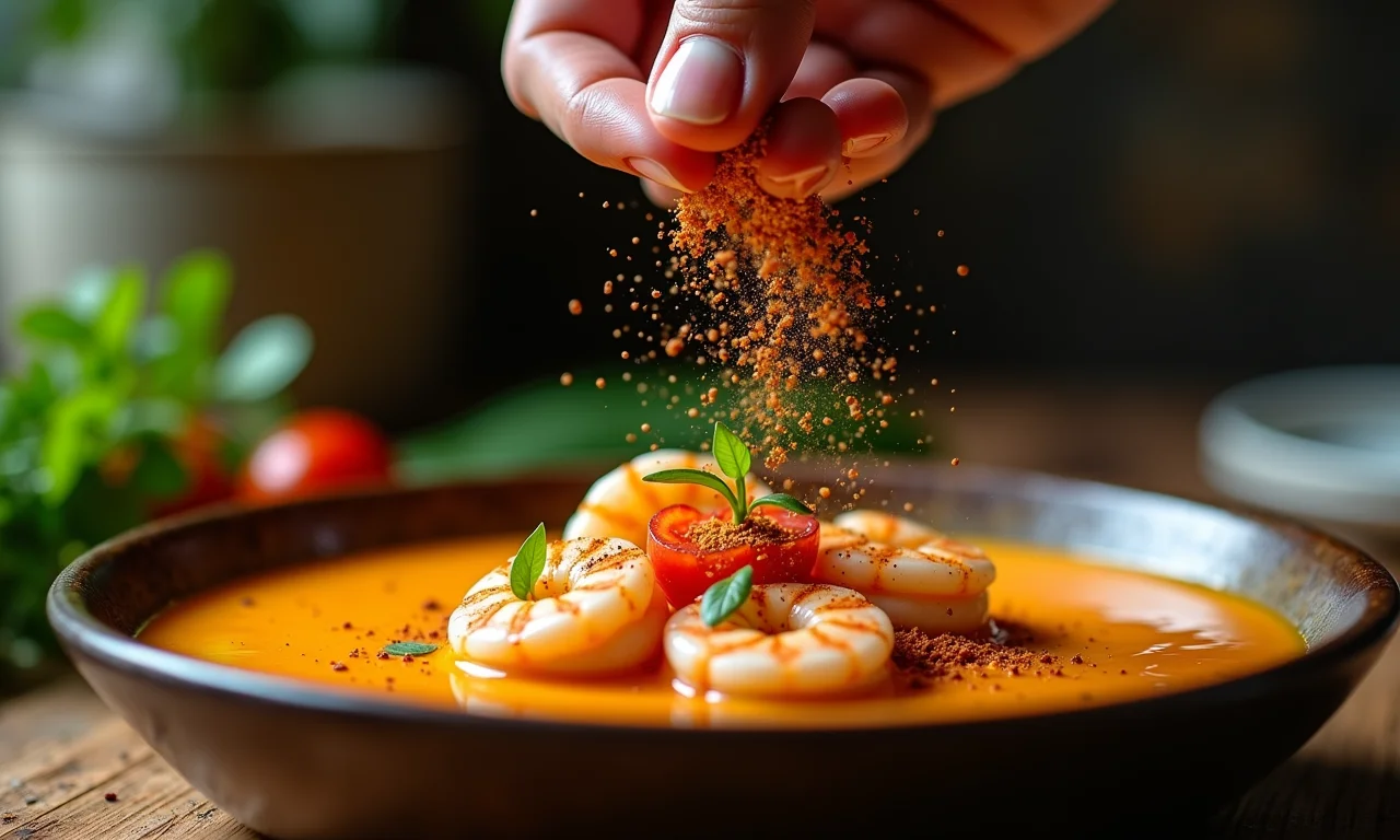 Mão de especialista temperando caldo de camarão.