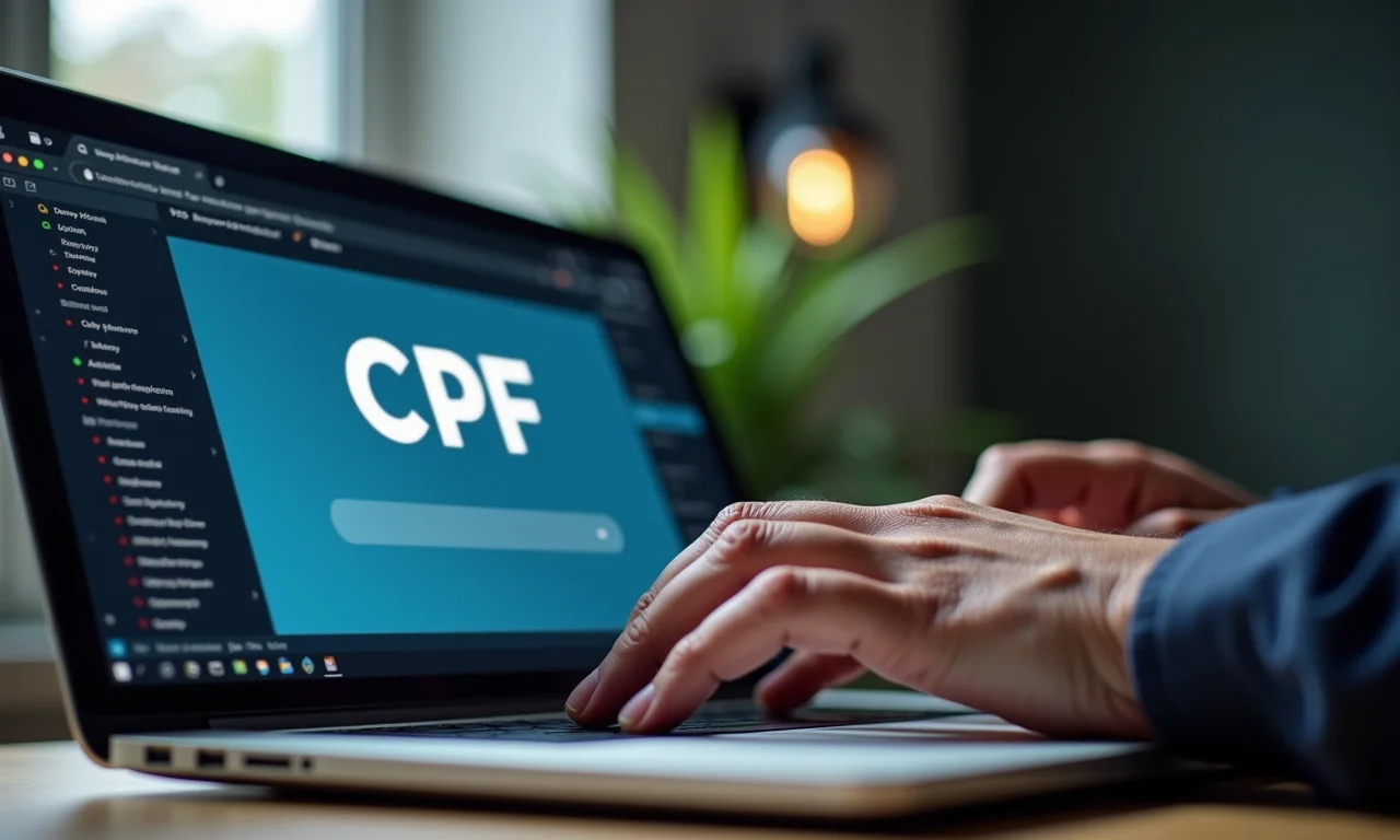 Mão digitando no laptop buscando informações sobre o CPF.
