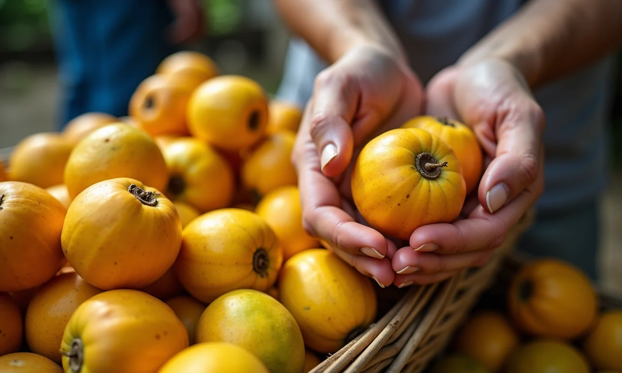 Mão escolhendo gabirobas frescas em um mercado brasileiro.