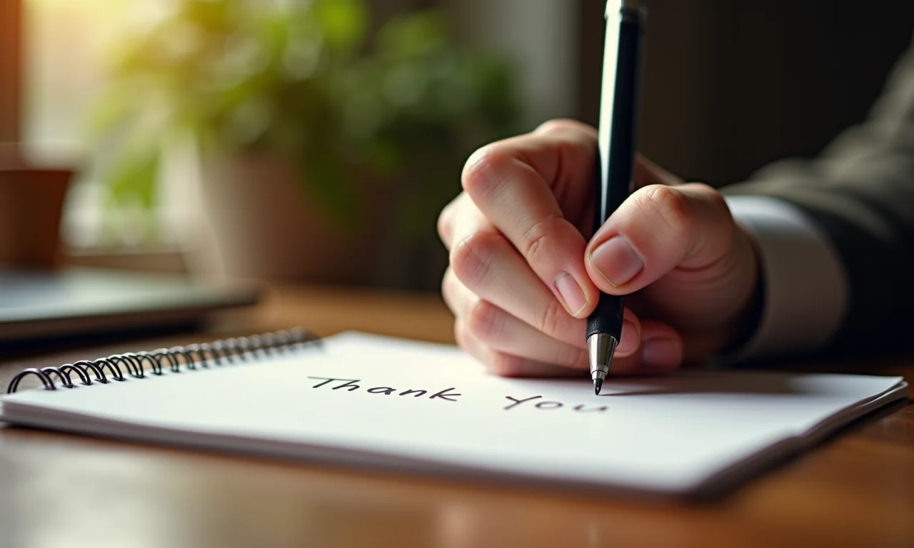 Mão escrevendo nota de agradecimento após entrevista.