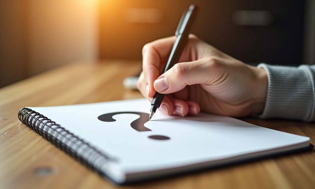 Mão escrevendo um ponto de interrogação em um caderno, representando a pergunta central do TCC.