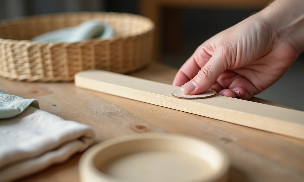 Mão lixando borda de MDF com outros materiais ao fundo.