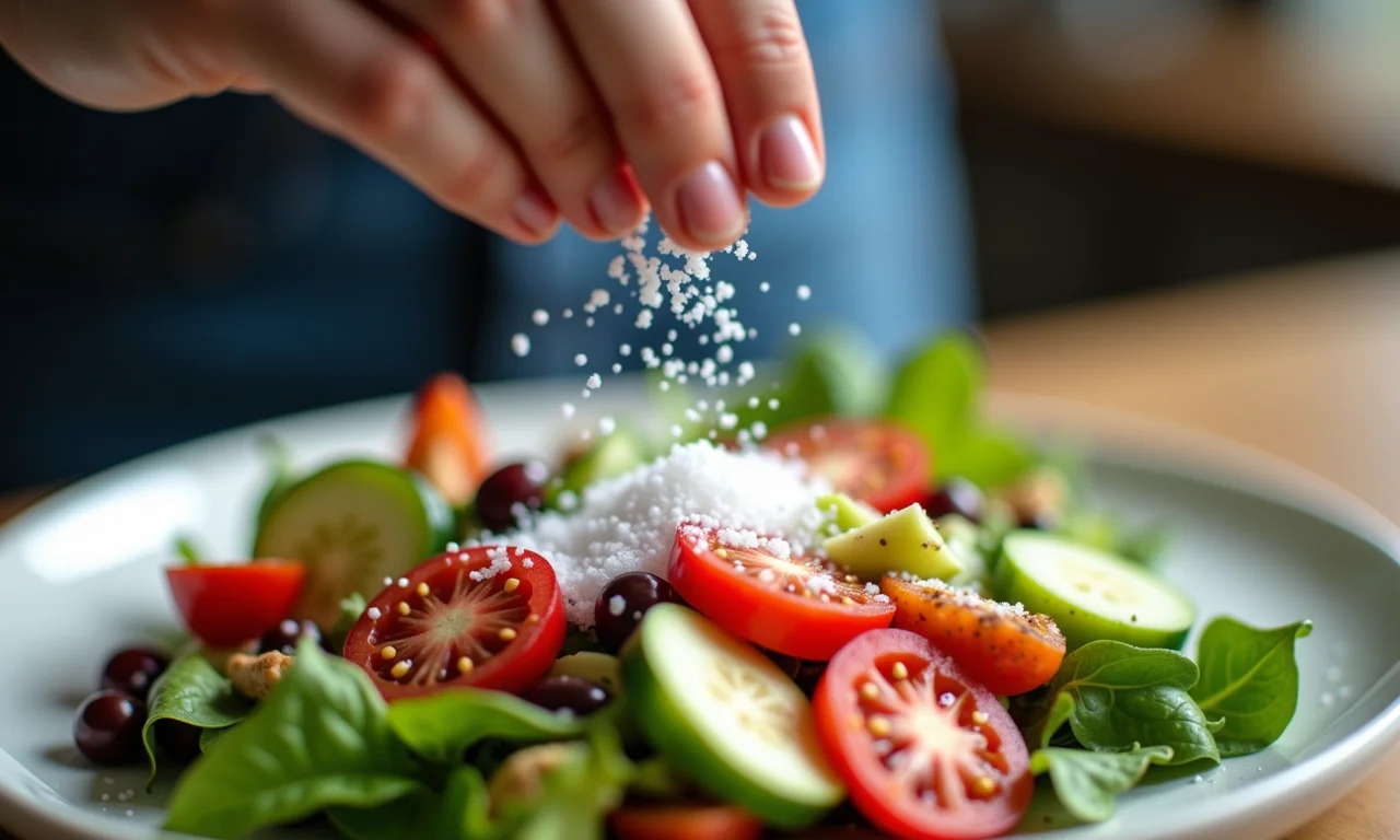 Mão polvilhando sal sobre uma salada colorida e vibrante.