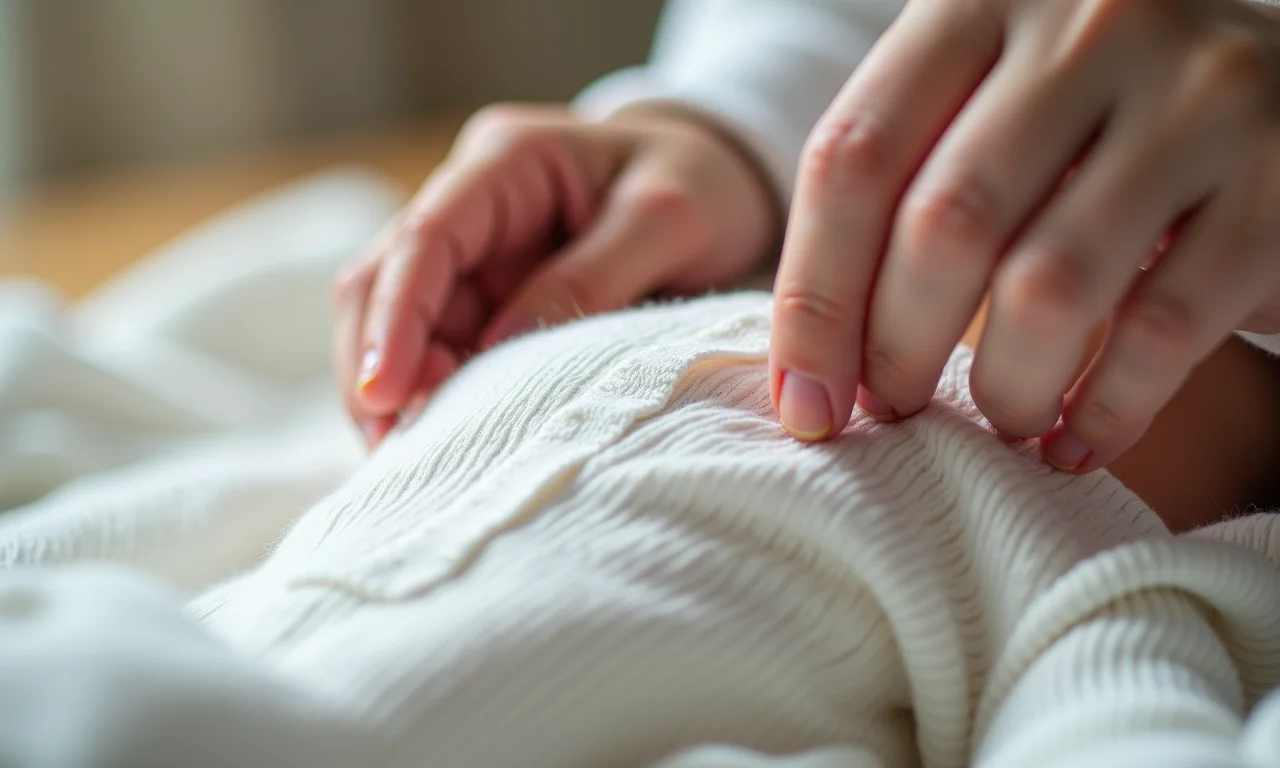 Mão reforçando costura de extensor de body com agulha e linha.