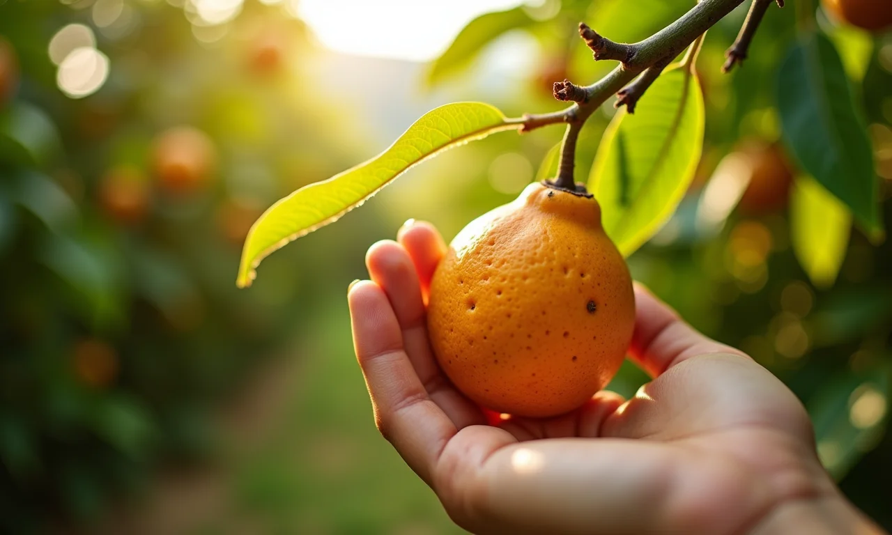 Mão segurando araçá maduro em pomar brasileiro ensolarado.