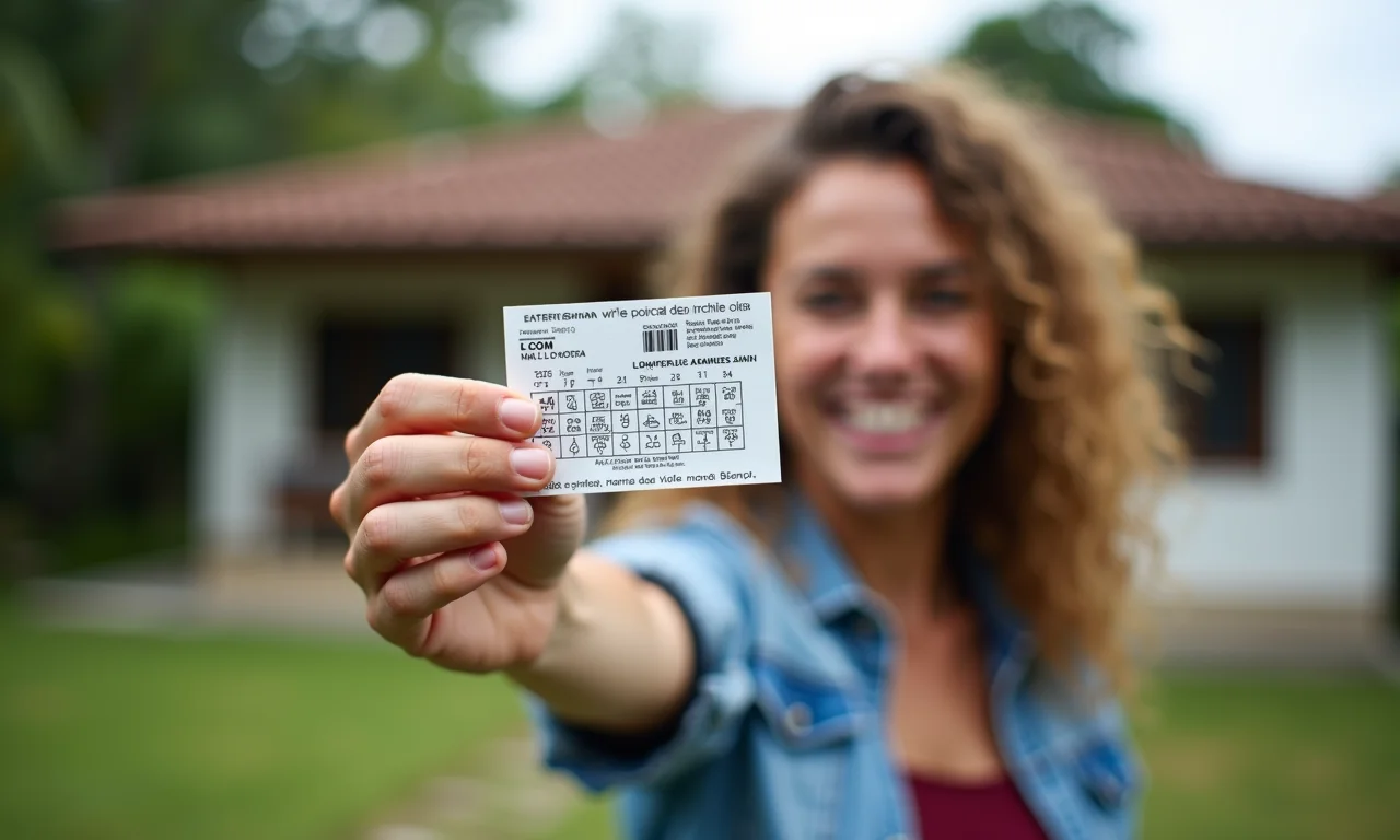 Mão segurando bilhete premiado da Lotofácil, celebrando a vitória.