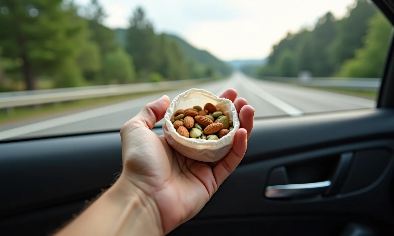 Mão segurando mix de castanhas e sementes em embalagem reutilizável durante viagem.