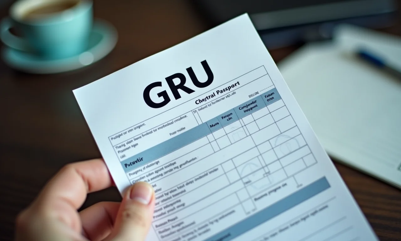 Mão segurando o formulário da Taxa GRU para emissão do passaporte.