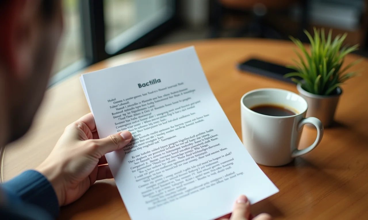 Mão segurando roteiro com anotações e xícara de café.