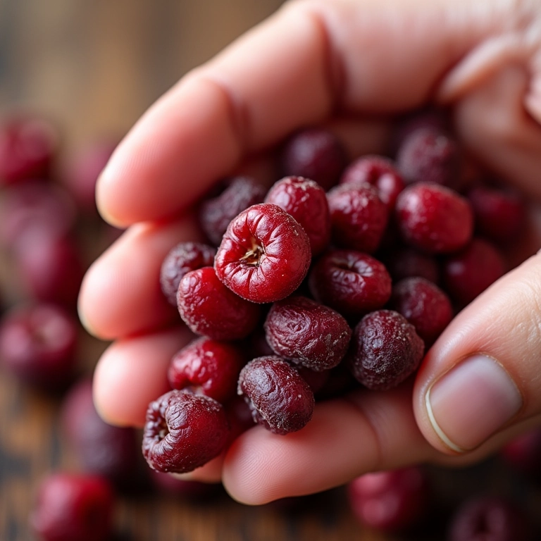 Mão selecionando cranberries desidratadas de alta qualidade da embalagem.