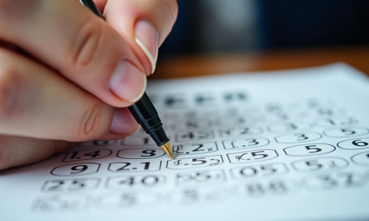 Mão selecionando números variados em um bilhete da Lotofácil.