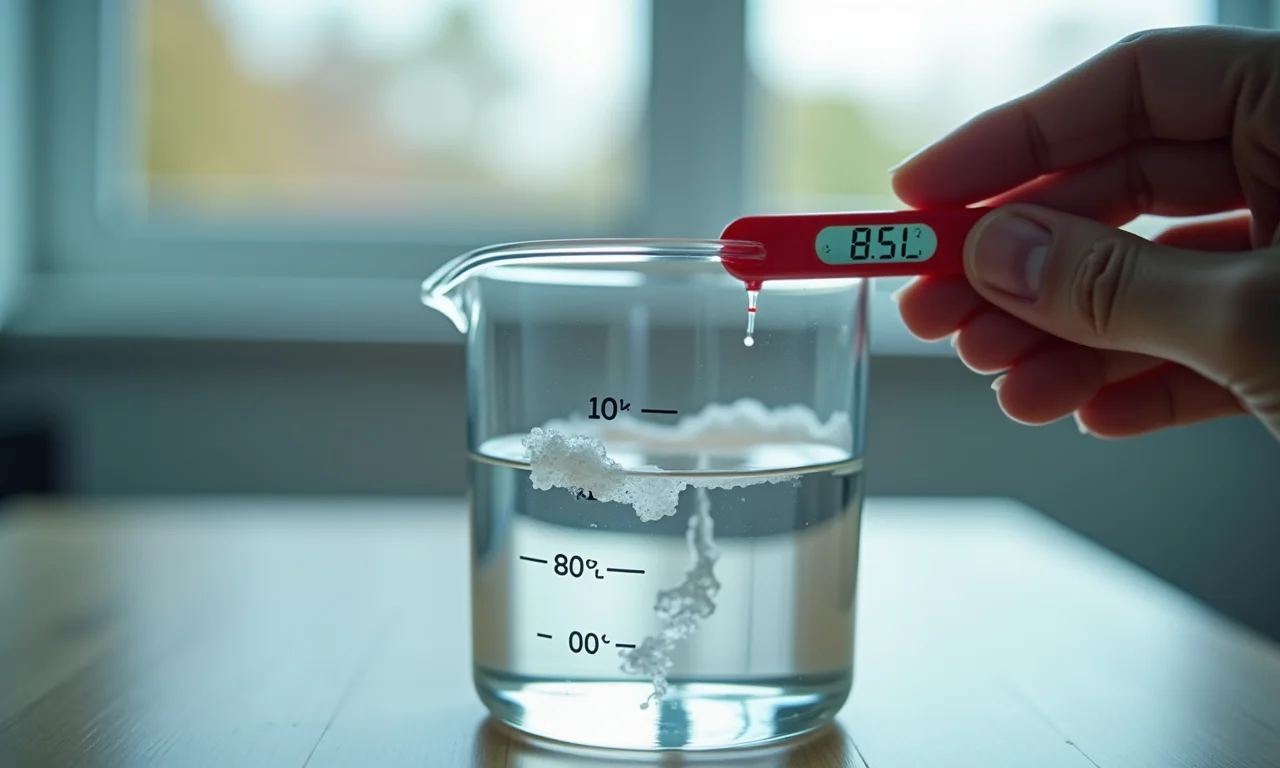 Mão testando a temperatura da água com um termômetro.