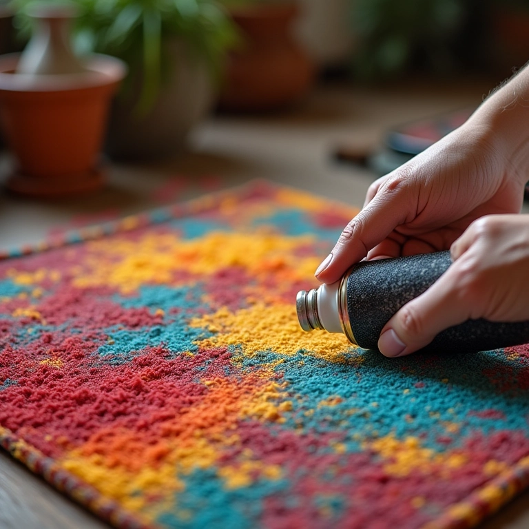 Mão usando estêncil e tinta spray para personalizar um tapete de lã.