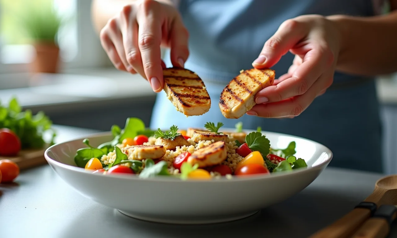 Mãos adicionando frango grelhado a uma salada de quinoa.